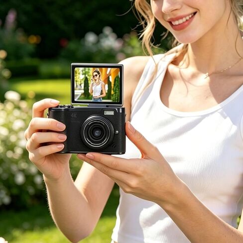 كاميرا رقمية للتصوير الفوتوغرافي، كاميرا تسجيل فيديو بدقة 4K، شاشة قابلة للطي 3 بوصة بزاوية 180 درجة، كاميرات مدمجة بتكبير رقمي 18X، أسود in Kuwait