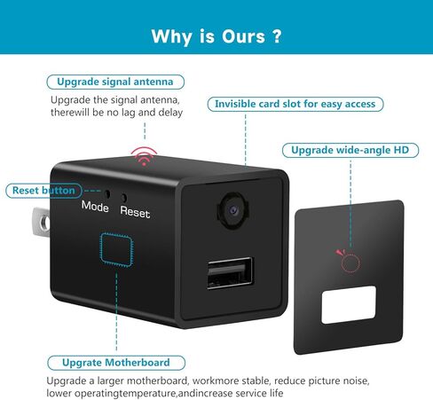كاميرا تجسس مخفية للاستخدام المنزلي، كاميرا واي فاي لاسلكية صغيرة للأمان - كاميرا شاحن USB - كاميرا مربية عالية الدقة، كاميرا مربية للرؤية الليلية الداخلية للأطفال والحيوانات الأليفة، تنبيه كشف الحركة in Kuwait