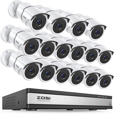نظام كاميرا أمان سلكية 16 قناة من ZOSI، 8 × 1080 بكسل كاميرات CCTV معدنية خارجية مع صوت، اكتشاف الشخص/المركبة بالذكاء الاصطناعي، رؤية ليلية 120 قدمًا، H.265+ DVR 16CH للأعمال والمنزل (بدون محرك أقراص ثابت) in Kuwait