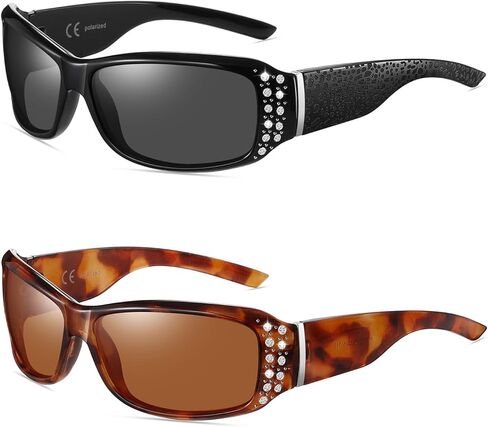 Wzerry Polarized Sunglasses for Women, Rhinestone Wrap Around Sunglasses Trendy Bling Sunglasses UV400 Protection for Driving in Saudi Arabia