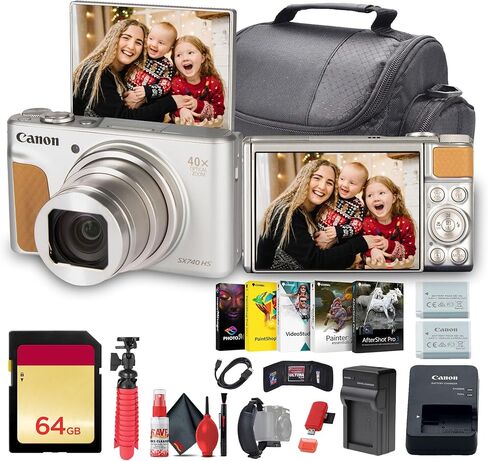 كاميرا كانون الرقمية PowerShot SX740 HS Lite Edition (فضي) + بطاقة ذاكرة 64 جيجابايت + بطارية NB13L + برنامج صور + شاحن + قارئ بطاقات + حقيبة ناعمة + حامل ثلاثي القوائم مرن + المزيد in Kuwait