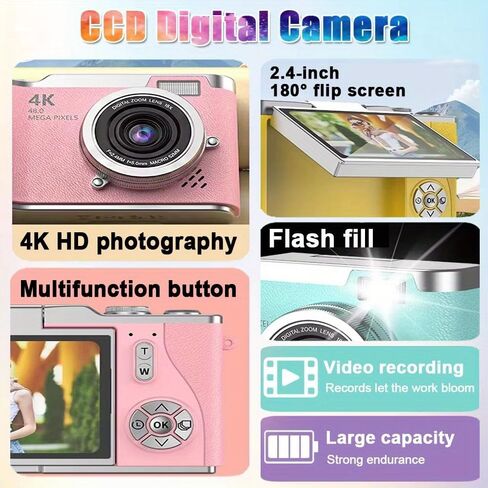 كاميرا رقمية 4K HD مطورة 2026، كاميرا ريترو محمولة مدمجة بدقة 48 ميجابكسل للتصوير الفوتوغرافي والسفر، مثالية للطلاب المبتدئين، كاميرات التصوير الفوتوغرافي in Kuwait