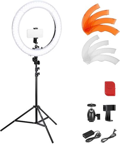 NEEWER 22 بوصة/60 سم ناشر عاكس للضوء + RL-18 18 بوصة/45 سم ضوء حلقة LED مع حامل ثلاثي القوائم بطول 2.7-6.4 قدم، حامل هاتف عن بعد للكاميرا، حذاء بارد برأس كروي، 5 في 1 قرص متعدد قابل للطي مع حقيبة in Kuwait