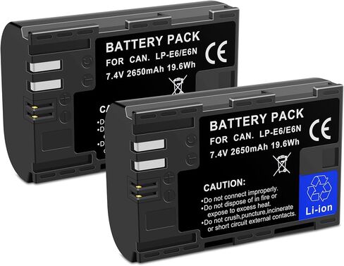 2 حزمة بطارية بديلة LP-E6 LP-E6N متوافقة مع Canon EOS R، R5، R6، Ra، XC10، XC15، 5D Mark II/III/IV، 5DS، 5DS R، 6D، 60D 60DA، 6D Mark II، 7D، 7D Mark II، 70D، 80D، 90D كاميرات 2650 مللي أمبير في الساعة in Kuwait