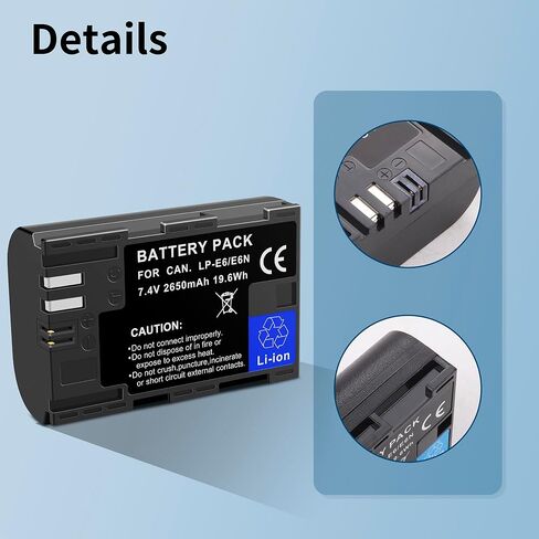 2 حزمة بطارية بديلة LP-E6 LP-E6N متوافقة مع Canon EOS R، R5، R6، Ra، XC10، XC15، 5D Mark II/III/IV، 5DS، 5DS R، 6D، 60D 60DA، 6D Mark II، 7D، 7D Mark II، 70D، 80D، 90D كاميرات 2650 مللي أمبير في الساعة in Kuwait