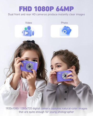 كاميرا رقمية 64 ميجابكسل، كاميرا فيديو FHD 1080 بكسل مع تكبير رقمي 8X، مرشحات متعددة، كاميرا مدمجة محمولة مع بطاقة TF سعة 32 جيجابايت، هدية مثالية للمراهقين والبالغين، أرجواني in Kuwait