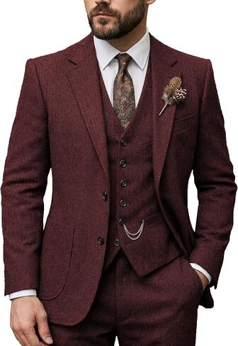 Classic Men's Regular Fit 3 Piece British Tweed Wool Suits Tuxedos Blazer+Vest+Pants for Wedding in Saudi Arabia