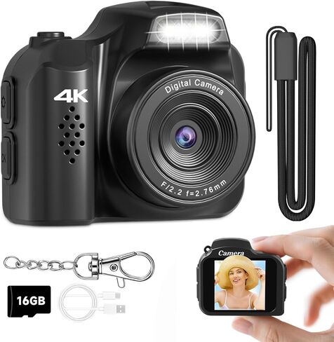 كاميرا سلسلة مفاتيح صغيرة بدقة 4K بدقة 64 ميجابكسل مع ضوء LED، وكاميرا تسجيل فيديو كلاسيكية مدمجة للأطفال والمراهقين والمبتدئين، تتضمن بطاقة Micro SD سعة 16 جيجابايت، باللون الأسود in Kuwait