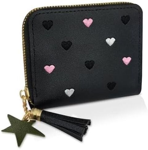 Womens Wallet, PU Material Small Zipper Wallet, Credit Card Holder Wallet with Heart Embroidery, Cute Wallet with Star Tassels Pendant(Red) in Saudi Arabia