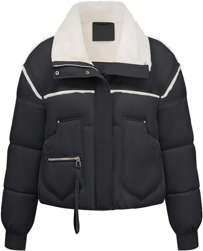 Women's Down Jacket with Faux Leather Thick Warm Winter Casual Fleece Lapel Outwear Zipper Pocket Coat in Saudi Arabia