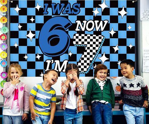 6 7 Birthday Party Decoration Blue Checkered I was 6 Now I'm 7 Photo Booth Backdrop Boy School Classroom Background Banner Wall Decor (Blue Checkered, 3.6×5.9ft) in Saudi Arabia