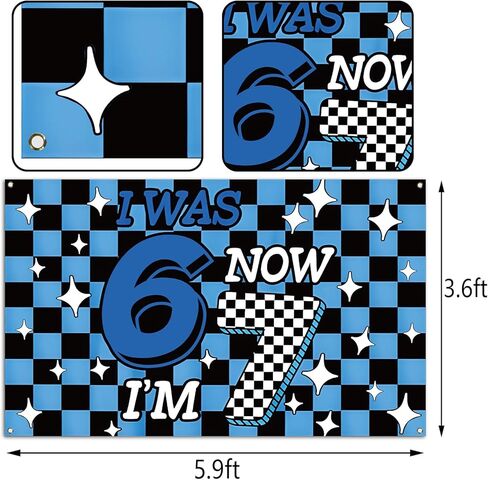 6 7 Birthday Party Decoration Blue Checkered I was 6 Now I'm 7 Photo Booth Backdrop Boy School Classroom Background Banner Wall Decor (Blue Checkered, 3.6×5.9ft) in Saudi Arabia