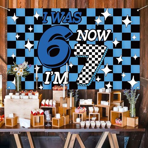 6 7 Birthday Party Decoration Blue Checkered I was 6 Now I'm 7 Photo Booth Backdrop Boy School Classroom Background Banner Wall Decor (Blue Checkered, 3.6×5.9ft) in Saudi Arabia