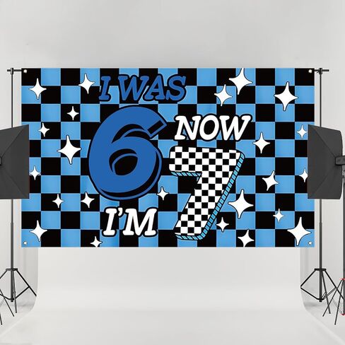 6 7 Birthday Party Decoration Blue Checkered I was 6 Now I'm 7 Photo Booth Backdrop Boy School Classroom Background Banner Wall Decor (Blue Checkered, 3.6×5.9ft) in Saudi Arabia