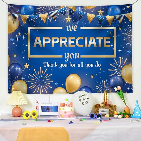 We Appreciate You Banner Employee Appreciation Day Backdrop You are Appreciated Staff Team Appreciation Week Background We Appreciate You Blue Gold Photoshoot Banner Props 73x42inch in Saudi Arabia