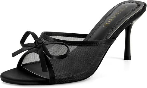 SOVANYOU Women's Mesh Mule Heels with Bow Open Round Toe Stiletto High Heels Slip On Cute Party Daily Backless Sandals in Saudi Arabia