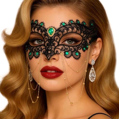Rhinestone Masquerade Mask for Women Black Venetian Lace Costume Masks Shiny Tassel Beads Face Mask in Saudi Arabia