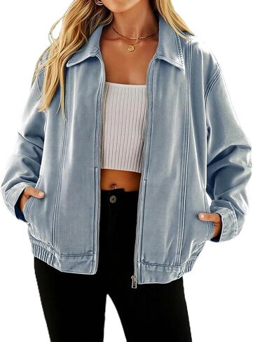Glamaker Womens Denim Jacket Zip Up Spring Fall Casual Jean Jacket Relaxed Fit Classic Denim Coat in Saudi Arabia
