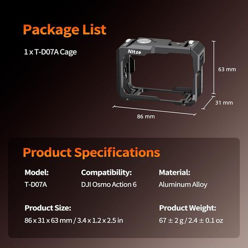 قفص Nitze Action 6 لقفص معدني DJI Osmo Action 6 مع حذاء بارد مدمج، وفتحة تحديد موقع 1/4 بوصة وحامل مغناطيسي سريع التحرير - T-D07A in Kuwait