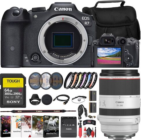 كاميرا Canon EOS R7 بدون مرآة (5137C002) + عدسة Canon 70-200 مم (3792C002) + بطاقة SD قوية سعة 64 جيجابايت من سوني + طقم مرشح + طقم مرشح ألوان + غطاء عدسة + حقيبة + بطارية LPE6 + قارئ بطاقات + المزيد in Kuwait