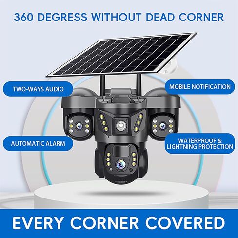 كاميرا مراقبة خارجية لاسلكية تعمل بالطاقة الشمسية من HIFAM، عدسة ثلاثية، دقة 4K 3MP 360 درجة عموم/إمالة، اتصال WiFi V380 Pro كاميرا التحكم في التطبيق مع إنذار الأضواء PIR كشف الحركة صوت ثنائي الاتجاه in Kuwait