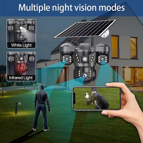 كاميرا مراقبة خارجية لاسلكية تعمل بالطاقة الشمسية من HIFAM، عدسة ثلاثية، دقة 4K 3MP 360 درجة عموم/إمالة، اتصال WiFi V380 Pro كاميرا التحكم في التطبيق مع إنذار الأضواء PIR كشف الحركة صوت ثنائي الاتجاه in Kuwait