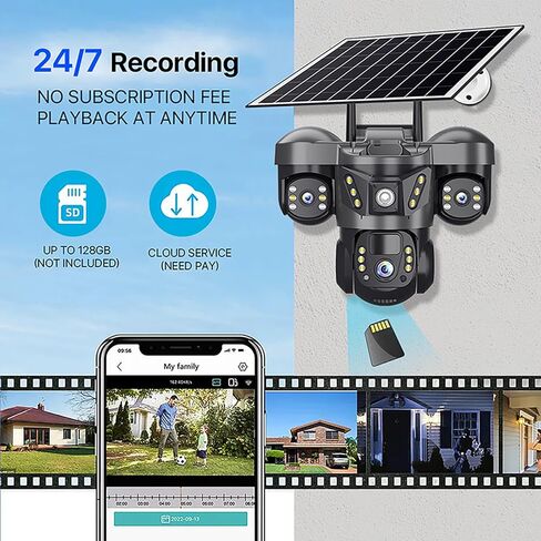 كاميرا مراقبة خارجية لاسلكية تعمل بالطاقة الشمسية من HIFAM، عدسة ثلاثية، دقة 4K 3MP 360 درجة عموم/إمالة، اتصال WiFi V380 Pro كاميرا التحكم في التطبيق مع إنذار الأضواء PIR كشف الحركة صوت ثنائي الاتجاه in Kuwait