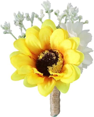 Prettybuy Sunflower Boutonniere للرجال الزفاف مع دبوس ديكور زهرة الحرير الأصفر حزمة من 1 in Saudi Arabia