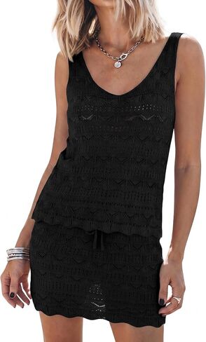 Women's Summer 2 Piece Swimsuit Cover Up Sets Crochet Knit Sleeveless Tops Skirt Set Bathing Suit Beach Outfit in Saudi Arabia