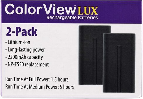 بطاريات ColorView LUX مزدوجة قابلة لإعادة الشحن، سعة 2200 مللي أمبير في الساعة، بطارية np-f570، وقت شحن يصل إلى 3 ساعات، تعمل بالطاقة الكاملة لمدة 1.5 ساعة in Kuwait
