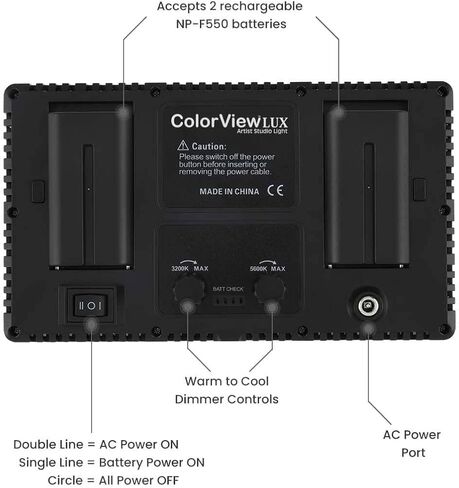 بطاريات ColorView LUX مزدوجة قابلة لإعادة الشحن، سعة 2200 مللي أمبير في الساعة، بطارية np-f570، وقت شحن يصل إلى 3 ساعات، تعمل بالطاقة الكاملة لمدة 1.5 ساعة in Kuwait