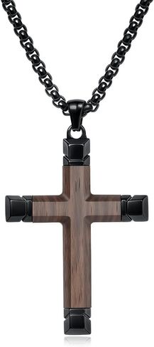 Ropartman Wooden Cross Necklace for Men, 【Hand-Inlaid Real Pear Wood】 Christian Black Stainless Steel Wood Crucifix Pendant for Boy, Free Necklace 24" Round Box Chain in Kuwait
