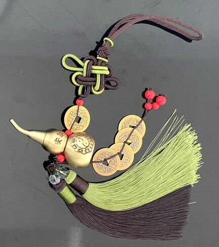 Feng Shui Bagua Wu Lou Hu Lu Gourd Calabash with Five Emperor's Money Coins Hanging Tassel Ornament Decoration Blessing Gift (Green) in Saudi Arabia