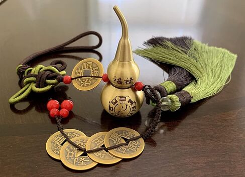 Feng Shui Bagua Wu Lou Hu Lu Gourd Calabash with Five Emperor's Money Coins Hanging Tassel Ornament Decoration Blessing Gift (Green) in Saudi Arabia