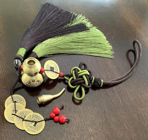 Feng Shui Bagua Wu Lou Hu Lu Gourd Calabash with Five Emperor's Money Coins Hanging Tassel Ornament Decoration Blessing Gift (Green) in Saudi Arabia