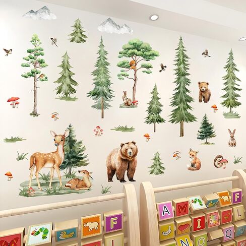 Woodland Forest Wall Decals for Kids Room - Removable Nursery Tree Stickers with Brown Bear & Sika Deer, Large Pine Animal Mural for Baby Bedroom Classroom, Nature Themed Home Decor in Saudi Arabia
