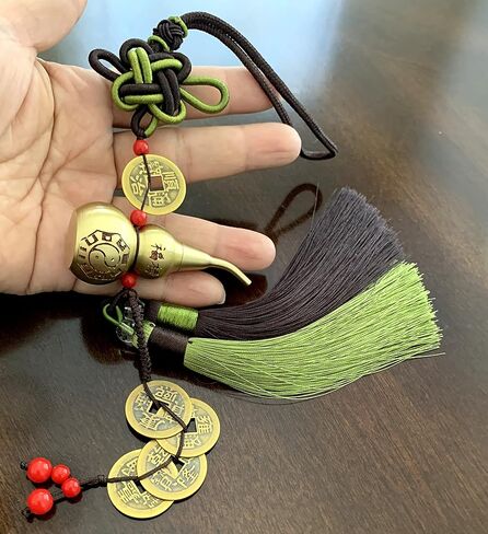 Feng Shui Bagua Wu Lou Hu Lu Gourd Calabash with Five Emperor's Money Coins Hanging Tassel Ornament Decoration Blessing Gift (Green) in Saudi Arabia