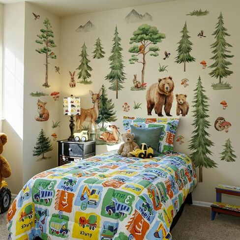 Woodland Forest Wall Decals for Kids Room - Removable Nursery Tree Stickers with Brown Bear & Sika Deer, Large Pine Animal Mural for Baby Bedroom Classroom, Nature Themed Home Decor in Saudi Arabia