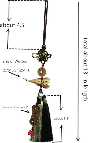 Feng Shui Bagua Wu Lou Hu Lu Gourd Calabash with Five Emperor's Money Coins Hanging Tassel Ornament Decoration Blessing Gift (Green) in Saudi Arabia