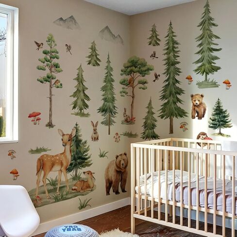 Woodland Forest Wall Decals for Kids Room - Removable Nursery Tree Stickers with Brown Bear & Sika Deer, Large Pine Animal Mural for Baby Bedroom Classroom, Nature Themed Home Decor in Saudi Arabia