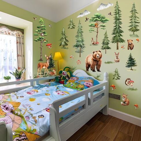Woodland Forest Wall Decals for Kids Room - Removable Nursery Tree Stickers with Brown Bear & Sika Deer, Large Pine Animal Mural for Baby Bedroom Classroom, Nature Themed Home Decor in Saudi Arabia