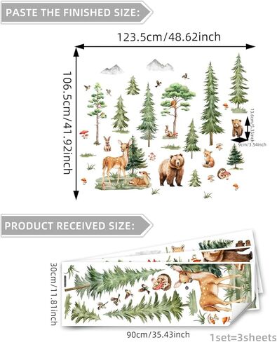 Woodland Forest Wall Decals for Kids Room - Removable Nursery Tree Stickers with Brown Bear & Sika Deer, Large Pine Animal Mural for Baby Bedroom Classroom, Nature Themed Home Decor in Saudi Arabia
