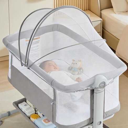 Baby Bassinet, 3-in-1 Portable Bedside Sleeper for Newborn All Mesh Sides Breathable with 6 Height Adjustments, 1-7° Anti-Reflux Incline, Detachable Mosquito Net, Storage Basket & 360° Lockable Wheels in Kuwait