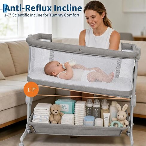 Baby Bassinet, 3-in-1 Portable Bedside Sleeper for Newborn All Mesh Sides Breathable with 6 Height Adjustments, 1-7° Anti-Reflux Incline, Detachable Mosquito Net, Storage Basket & 360° Lockable Wheels in Kuwait