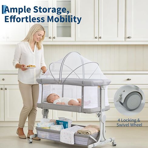 Baby Bassinet, 3-in-1 Portable Bedside Sleeper for Newborn All Mesh Sides Breathable with 6 Height Adjustments, 1-7° Anti-Reflux Incline, Detachable Mosquito Net, Storage Basket & 360° Lockable Wheels in Kuwait