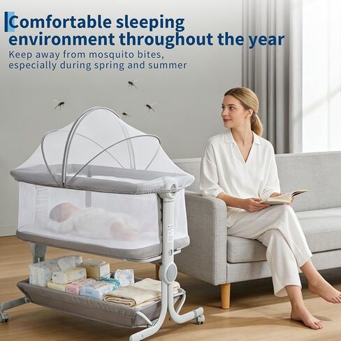 Baby Bassinet, 3-in-1 Portable Bedside Sleeper for Newborn All Mesh Sides Breathable with 6 Height Adjustments, 1-7° Anti-Reflux Incline, Detachable Mosquito Net, Storage Basket & 360° Lockable Wheels in Kuwait