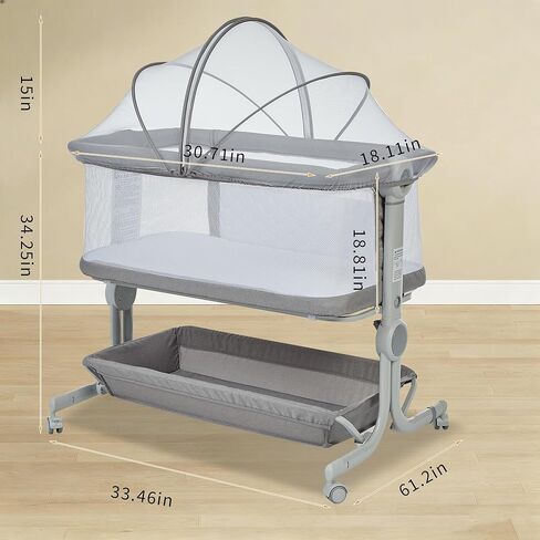 Baby Bassinet, 3-in-1 Portable Bedside Sleeper for Newborn All Mesh Sides Breathable with 6 Height Adjustments, 1-7° Anti-Reflux Incline, Detachable Mosquito Net, Storage Basket & 360° Lockable Wheels in Kuwait