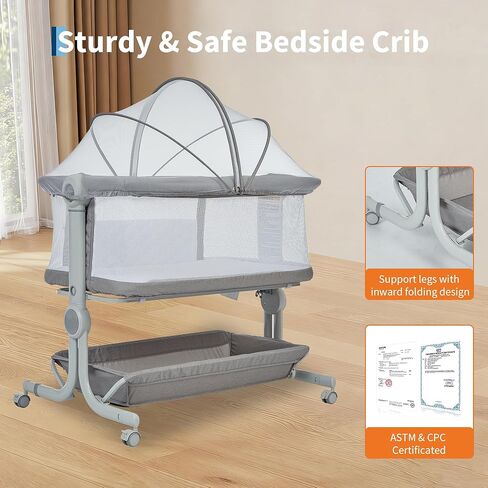 Baby Bassinet, 3-in-1 Portable Bedside Sleeper for Newborn All Mesh Sides Breathable with 6 Height Adjustments, 1-7° Anti-Reflux Incline, Detachable Mosquito Net, Storage Basket & 360° Lockable Wheels in Kuwait