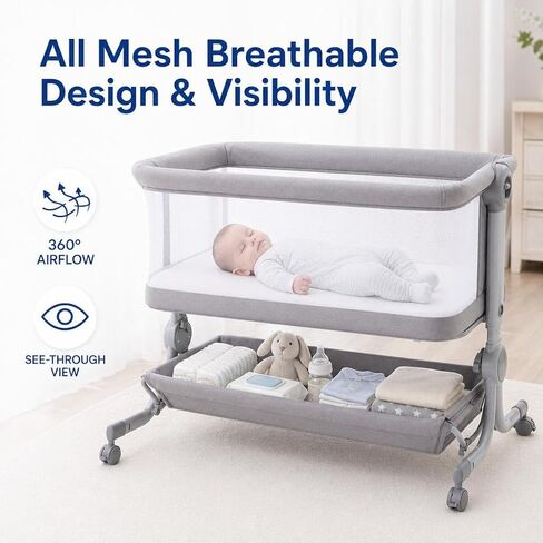 Baby Bassinet, 3-in-1 Portable Bedside Sleeper for Newborn All Mesh Sides Breathable with 6 Height Adjustments, 1-7° Anti-Reflux Incline, Detachable Mosquito Net, Storage Basket & 360° Lockable Wheels in Kuwait