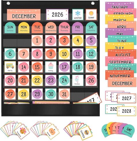 ZKOO Rainbow Calendar Pocket Chart with 97 Educational Cards, Large 20"x23.6" Weather Calendar Pocket Chart Perfect for Preschool Homeschool Learning, Monthly Calendars with 3 Storage Pockets (Black) in Saudi Arabia
